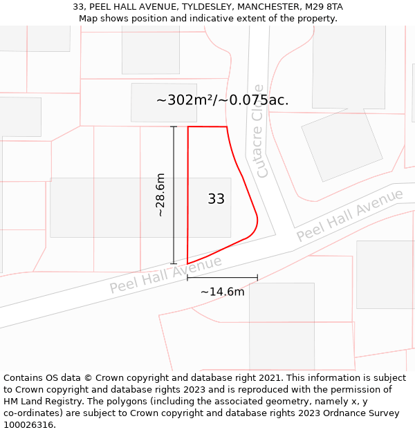 33, PEEL HALL AVENUE, TYLDESLEY, MANCHESTER, M29 8TA: Plot and title map