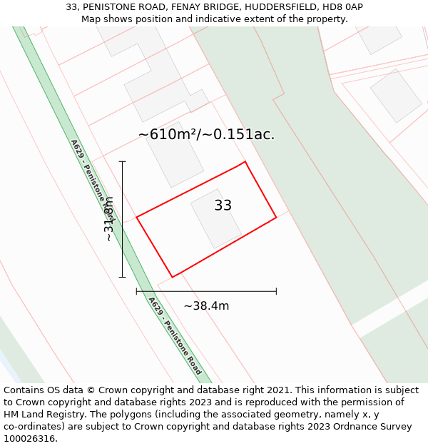 33, PENISTONE ROAD, FENAY BRIDGE, HUDDERSFIELD, HD8 0AP: Plot and title map