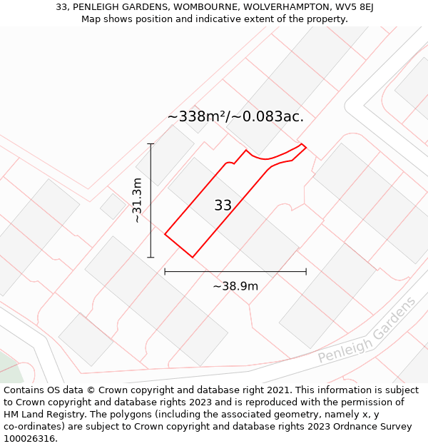 33, PENLEIGH GARDENS, WOMBOURNE, WOLVERHAMPTON, WV5 8EJ: Plot and title map