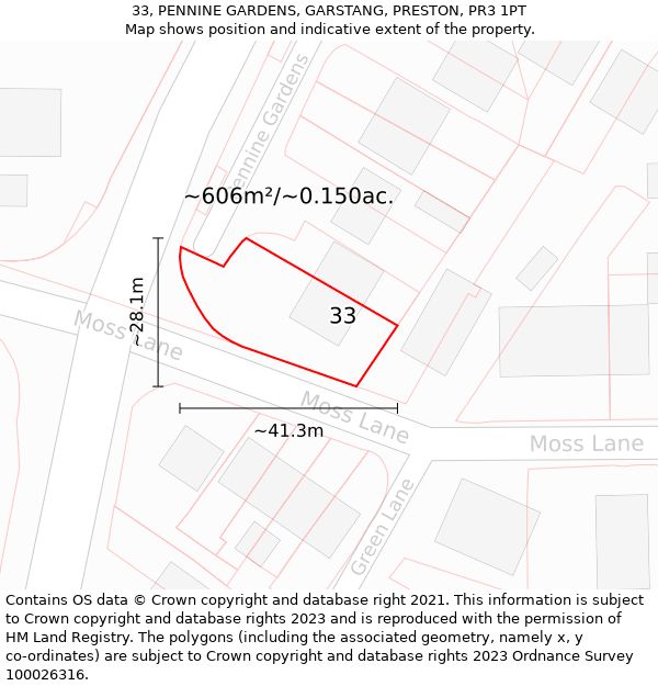 33, PENNINE GARDENS, GARSTANG, PRESTON, PR3 1PT: Plot and title map