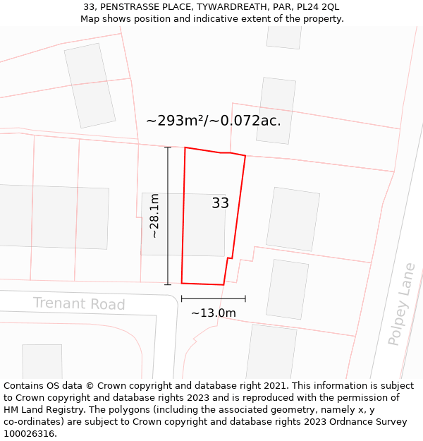 33, PENSTRASSE PLACE, TYWARDREATH, PAR, PL24 2QL: Plot and title map