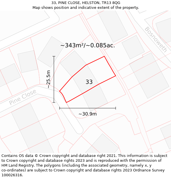 33, PINE CLOSE, HELSTON, TR13 8QG: Plot and title map