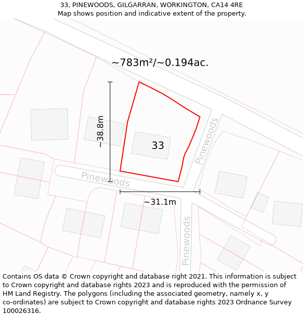 33, PINEWOODS, GILGARRAN, WORKINGTON, CA14 4RE: Plot and title map