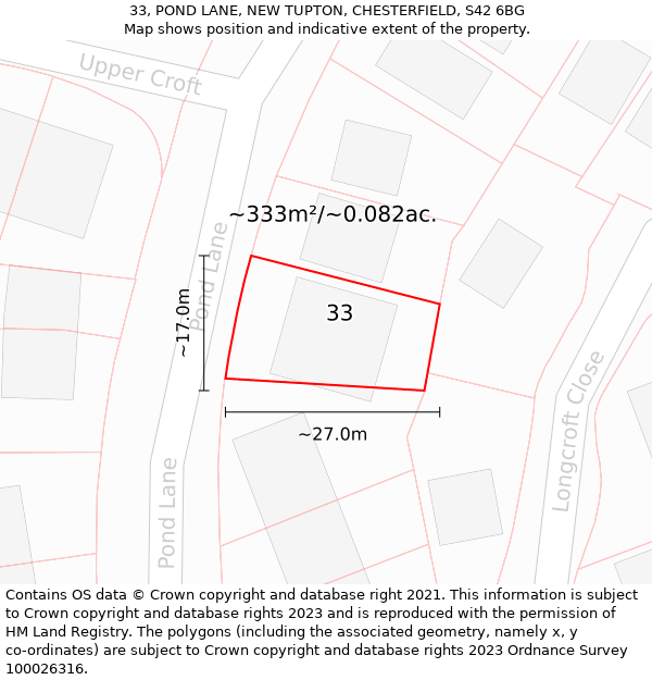 33, POND LANE, NEW TUPTON, CHESTERFIELD, S42 6BG: Plot and title map