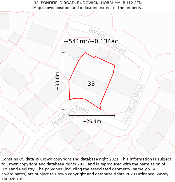 33, PONDFIELD ROAD, RUDGWICK, HORSHAM, RH12 3EN: Plot and title map