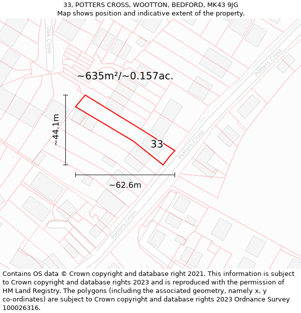 33, POTTERS CROSS, WOOTTON, BEDFORD, MK43 9JG: Plot and title map