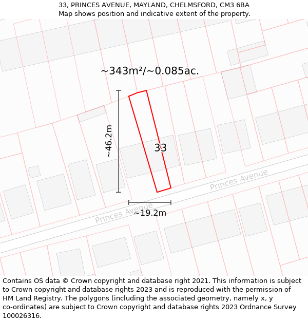 33, PRINCES AVENUE, MAYLAND, CHELMSFORD, CM3 6BA: Plot and title map