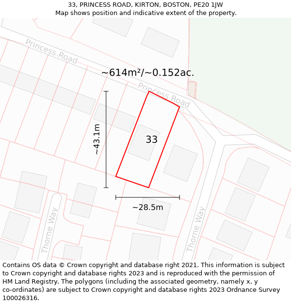 33, PRINCESS ROAD, KIRTON, BOSTON, PE20 1JW: Plot and title map