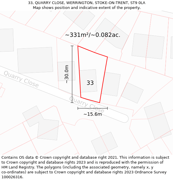 33, QUARRY CLOSE, WERRINGTON, STOKE-ON-TRENT, ST9 0LA: Plot and title map