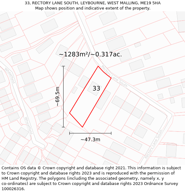 33, RECTORY LANE SOUTH, LEYBOURNE, WEST MALLING, ME19 5HA: Plot and title map