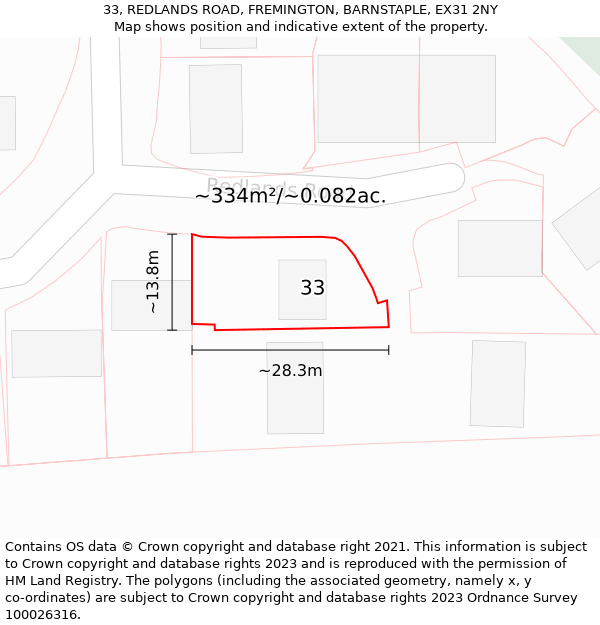 33, REDLANDS ROAD, FREMINGTON, BARNSTAPLE, EX31 2NY: Plot and title map