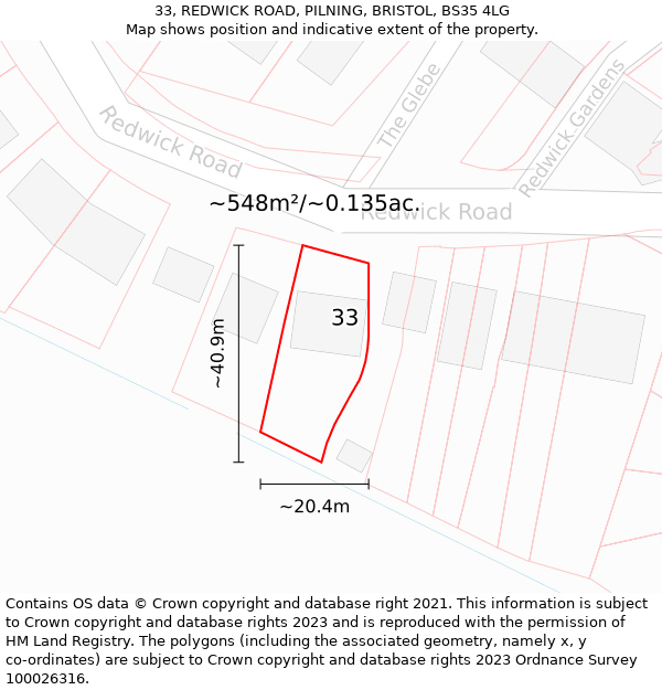 33, REDWICK ROAD, PILNING, BRISTOL, BS35 4LG: Plot and title map