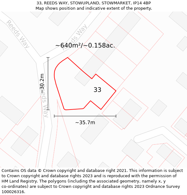 33, REEDS WAY, STOWUPLAND, STOWMARKET, IP14 4BP: Plot and title map