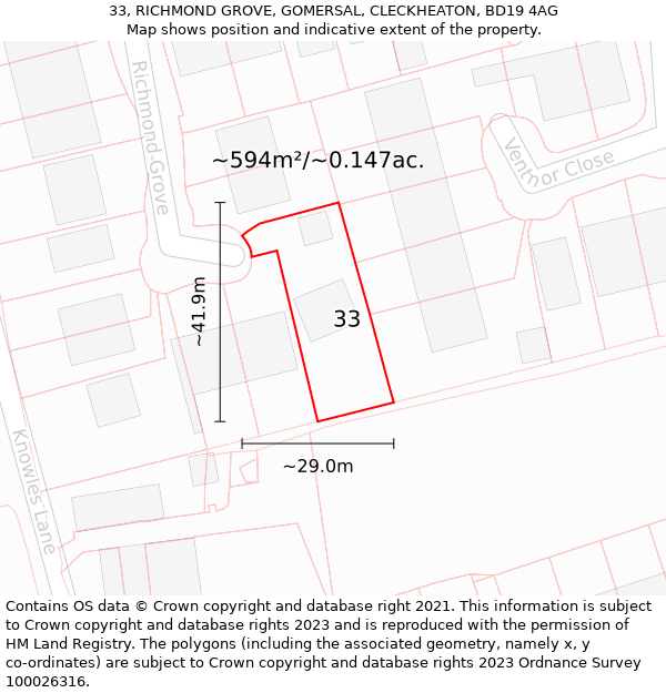 33, RICHMOND GROVE, GOMERSAL, CLECKHEATON, BD19 4AG: Plot and title map