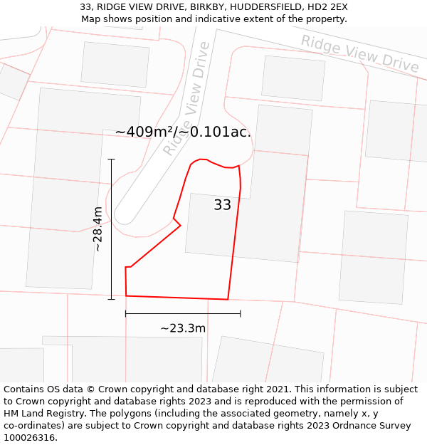 33, RIDGE VIEW DRIVE, BIRKBY, HUDDERSFIELD, HD2 2EX: Plot and title map