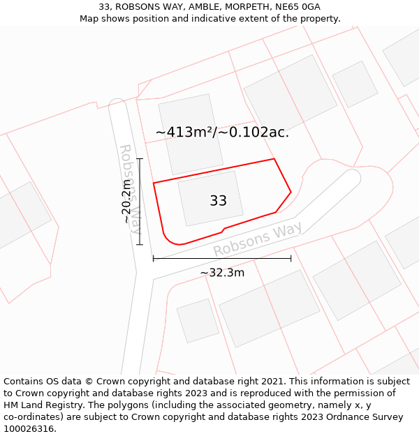 33, ROBSONS WAY, AMBLE, MORPETH, NE65 0GA: Plot and title map