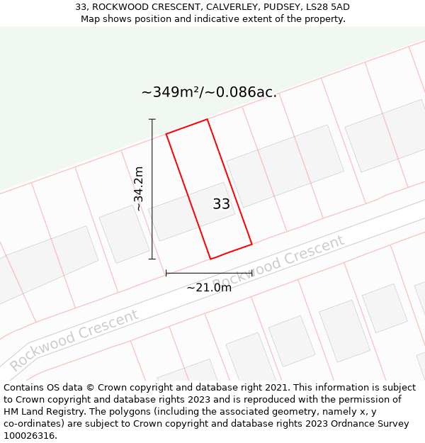 33, ROCKWOOD CRESCENT, CALVERLEY, PUDSEY, LS28 5AD: Plot and title map