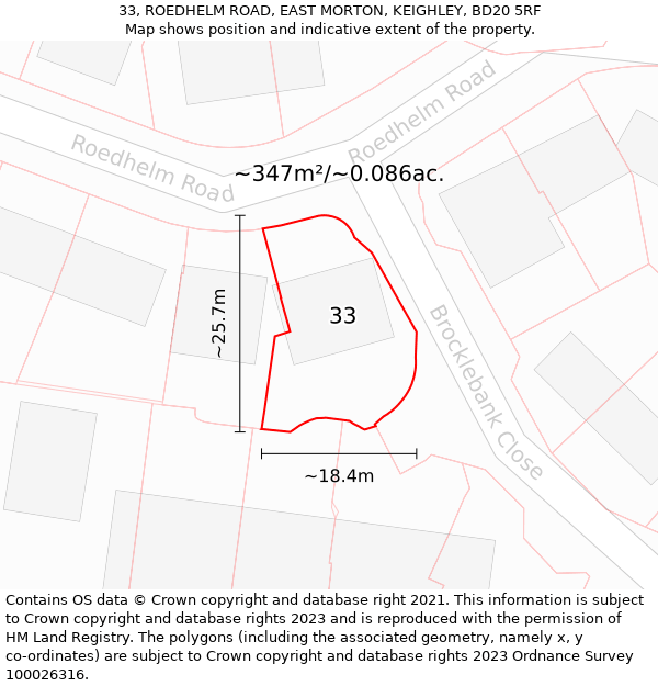33, ROEDHELM ROAD, EAST MORTON, KEIGHLEY, BD20 5RF: Plot and title map