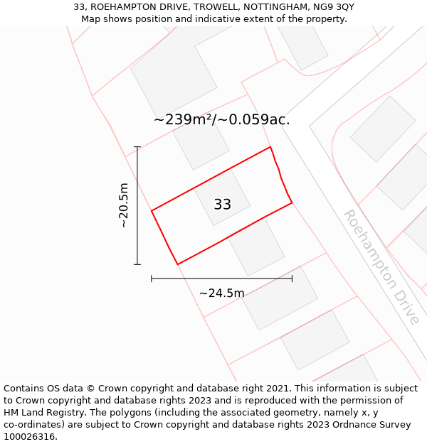 33, ROEHAMPTON DRIVE, TROWELL, NOTTINGHAM, NG9 3QY: Plot and title map