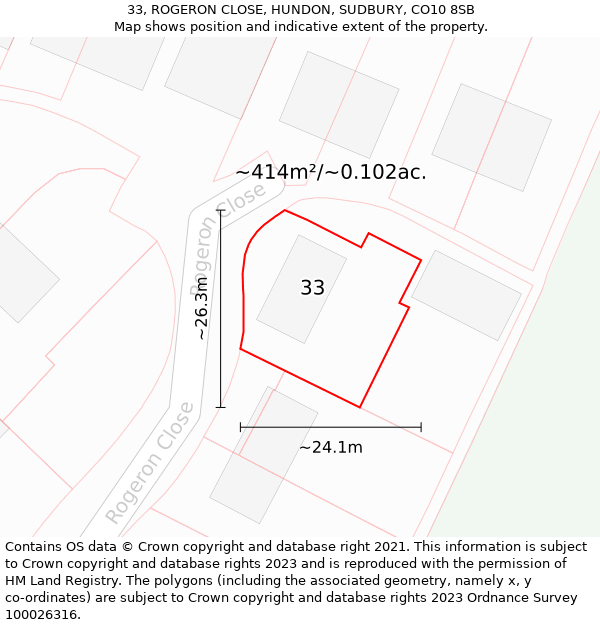 33, ROGERON CLOSE, HUNDON, SUDBURY, CO10 8SB: Plot and title map