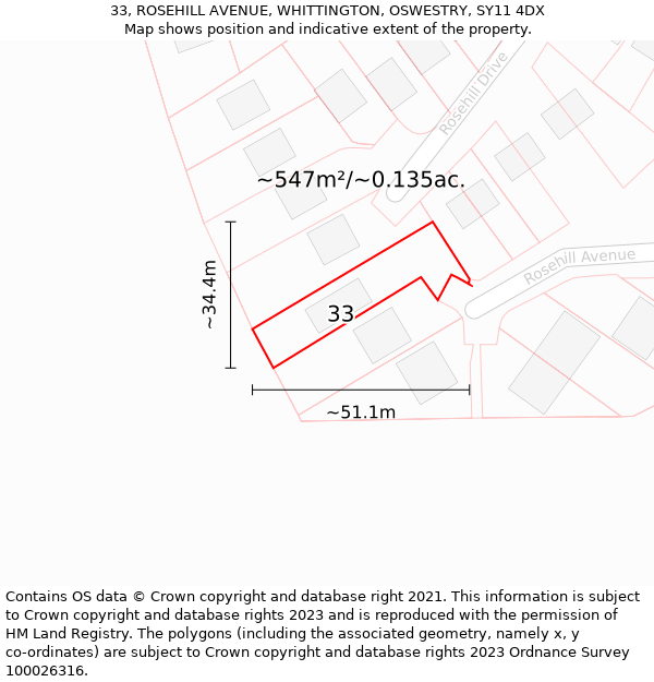 33, ROSEHILL AVENUE, WHITTINGTON, OSWESTRY, SY11 4DX: Plot and title map