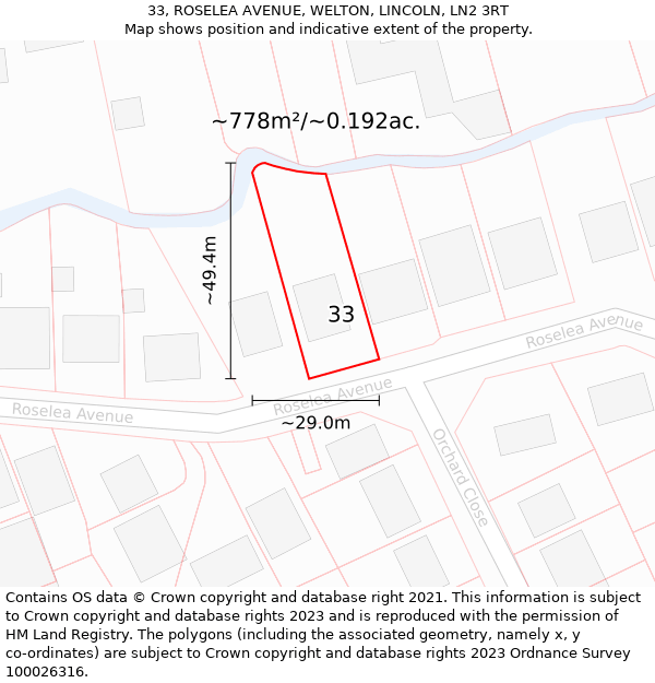 33, ROSELEA AVENUE, WELTON, LINCOLN, LN2 3RT: Plot and title map