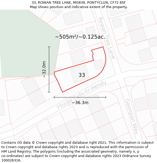 33, ROWAN TREE LANE, MISKIN, PONTYCLUN, CF72 8SF: Plot and title map