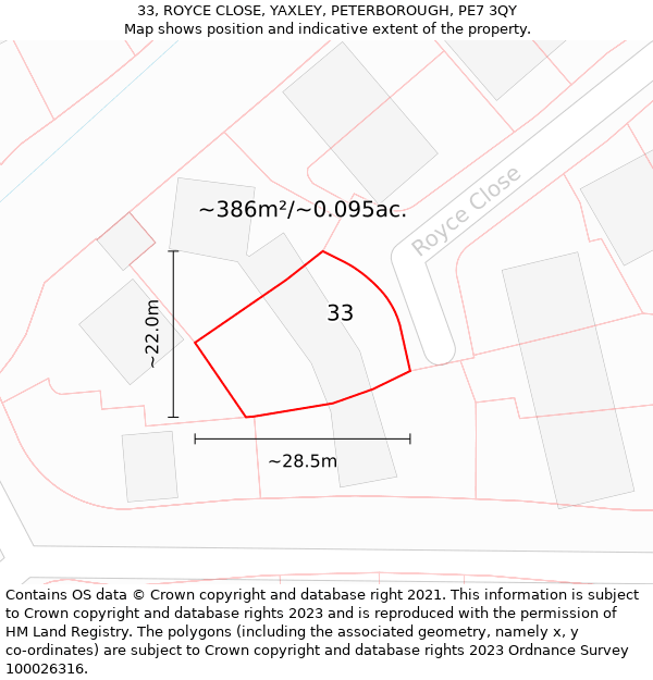 33, ROYCE CLOSE, YAXLEY, PETERBOROUGH, PE7 3QY: Plot and title map