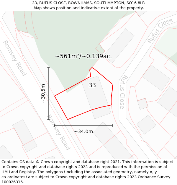 33, RUFUS CLOSE, ROWNHAMS, SOUTHAMPTON, SO16 8LR: Plot and title map