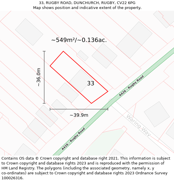 33, RUGBY ROAD, DUNCHURCH, RUGBY, CV22 6PG: Plot and title map