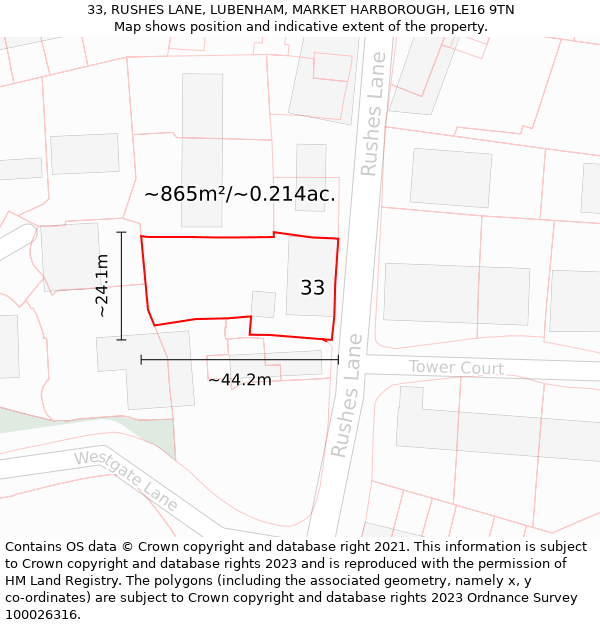 33, RUSHES LANE, LUBENHAM, MARKET HARBOROUGH, LE16 9TN: Plot and title map