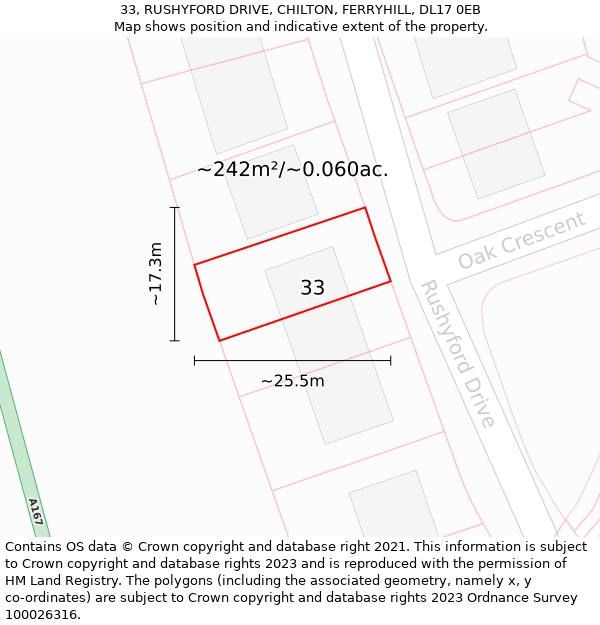 33, RUSHYFORD DRIVE, CHILTON, FERRYHILL, DL17 0EB: Plot and title map