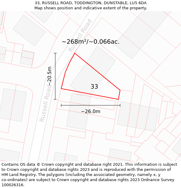 33, RUSSELL ROAD, TODDINGTON, DUNSTABLE, LU5 6DA: Plot and title map