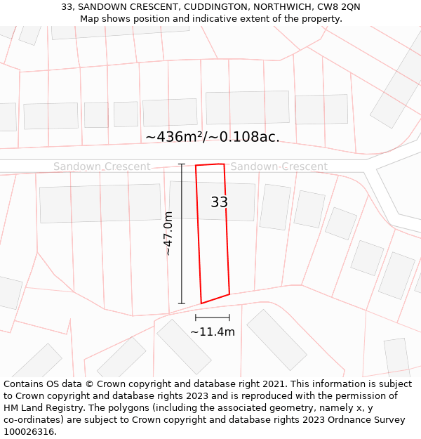 33, SANDOWN CRESCENT, CUDDINGTON, NORTHWICH, CW8 2QN: Plot and title map