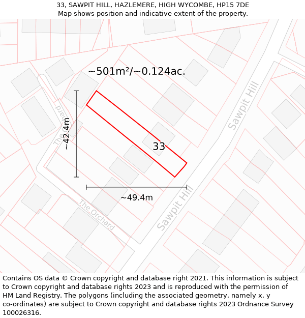 33, SAWPIT HILL, HAZLEMERE, HIGH WYCOMBE, HP15 7DE: Plot and title map