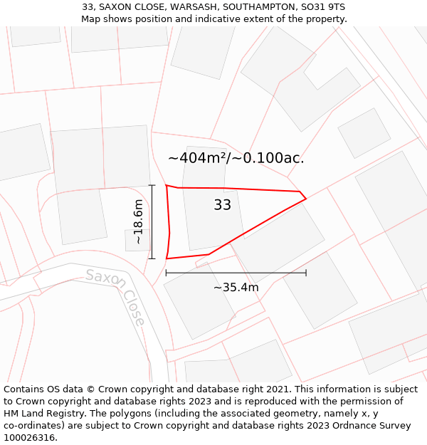 33, SAXON CLOSE, WARSASH, SOUTHAMPTON, SO31 9TS: Plot and title map