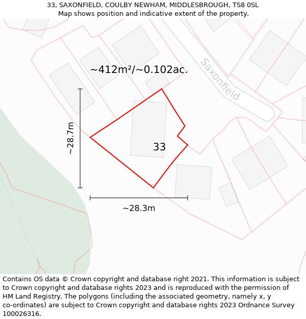 33, SAXONFIELD, COULBY NEWHAM, MIDDLESBROUGH, TS8 0SL: Plot and title map