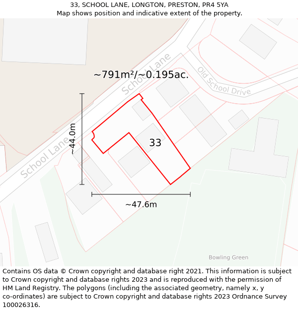 33, SCHOOL LANE, LONGTON, PRESTON, PR4 5YA: Plot and title map