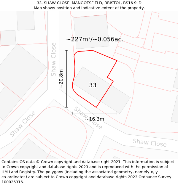 33, SHAW CLOSE, MANGOTSFIELD, BRISTOL, BS16 9LD: Plot and title map