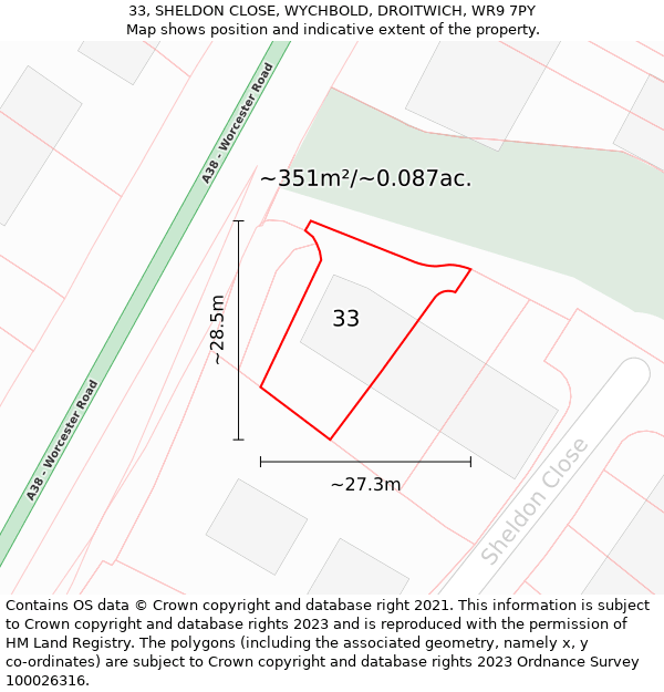 33, SHELDON CLOSE, WYCHBOLD, DROITWICH, WR9 7PY: Plot and title map