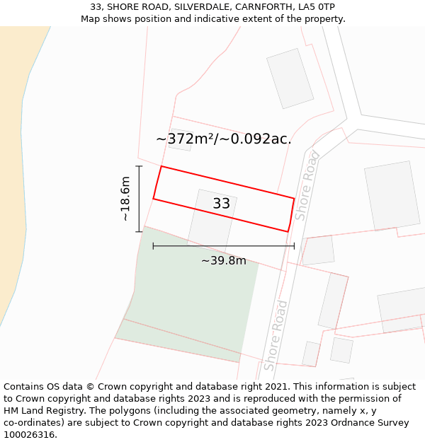 33, SHORE ROAD, SILVERDALE, CARNFORTH, LA5 0TP: Plot and title map