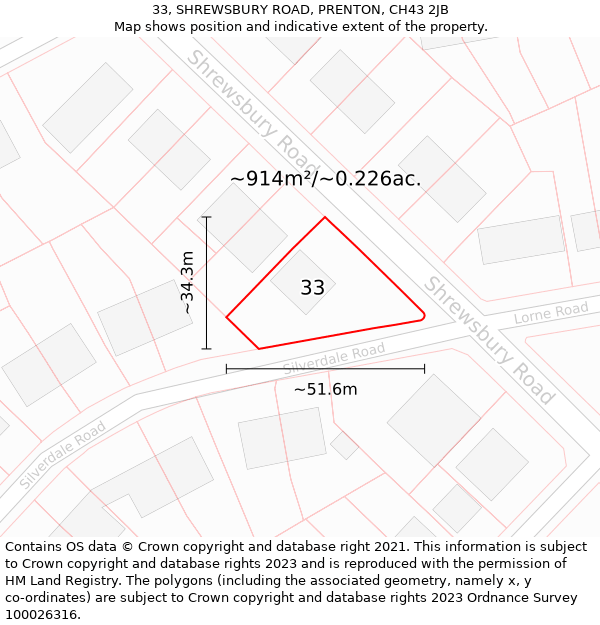 33, SHREWSBURY ROAD, PRENTON, CH43 2JB: Plot and title map