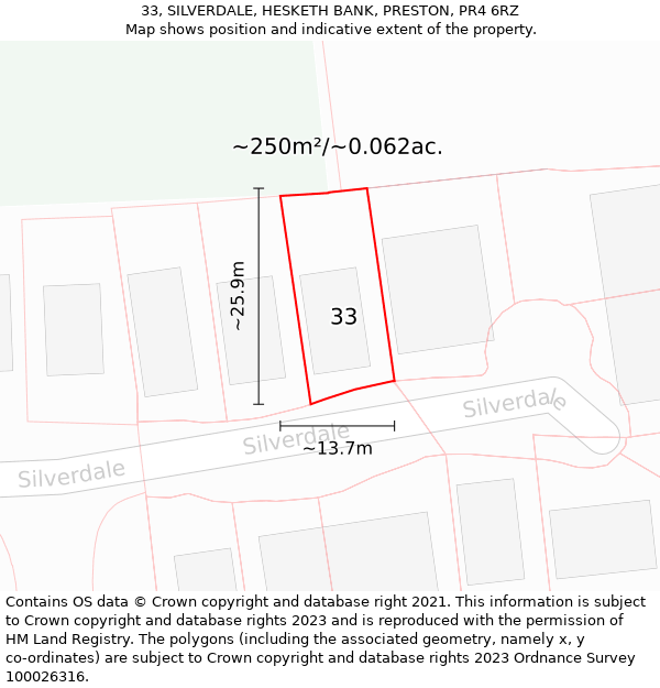 33, SILVERDALE, HESKETH BANK, PRESTON, PR4 6RZ: Plot and title map