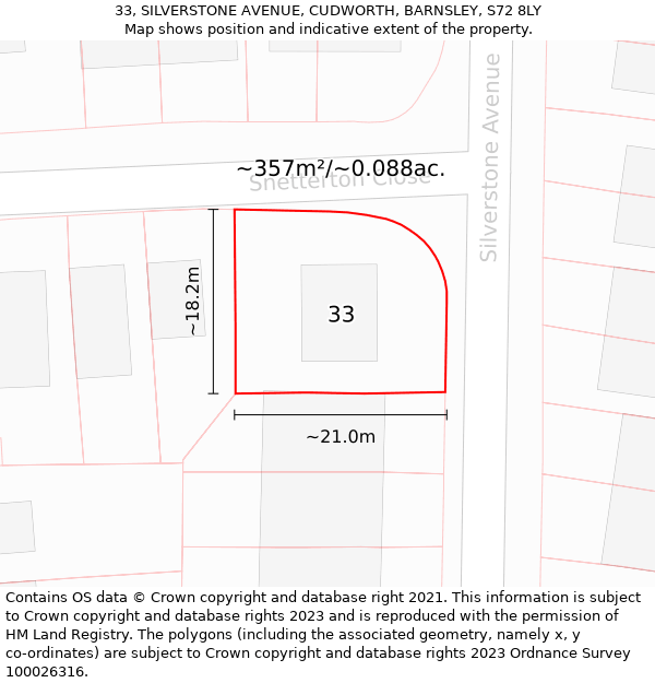 33, SILVERSTONE AVENUE, CUDWORTH, BARNSLEY, S72 8LY: Plot and title map