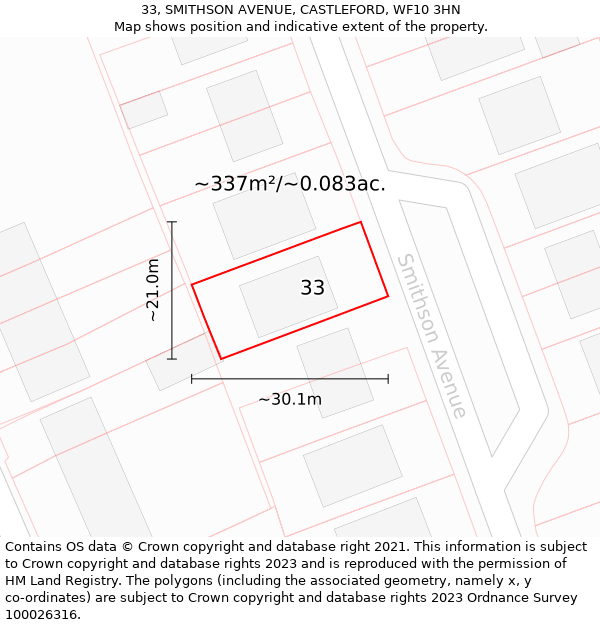 33, SMITHSON AVENUE, CASTLEFORD, WF10 3HN: Plot and title map