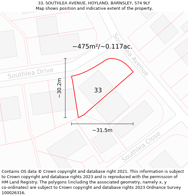 33, SOUTHLEA AVENUE, HOYLAND, BARNSLEY, S74 9LY: Plot and title map