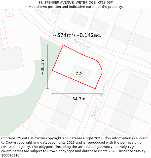 33, SPENSER AVENUE, WEYBRIDGE, KT13 0ST: Plot and title map