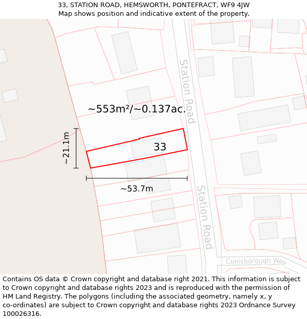 33, STATION ROAD, HEMSWORTH, PONTEFRACT, WF9 4JW: Plot and title map