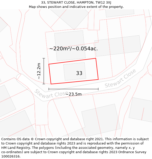 33, STEWART CLOSE, HAMPTON, TW12 3XJ: Plot and title map