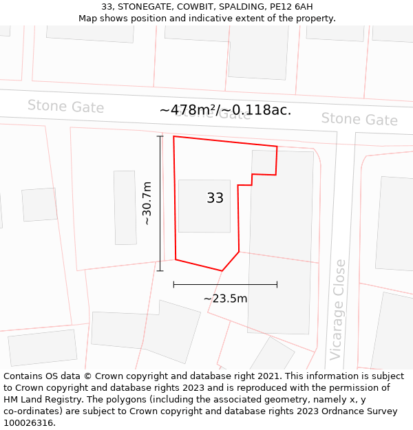 33, STONEGATE, COWBIT, SPALDING, PE12 6AH: Plot and title map